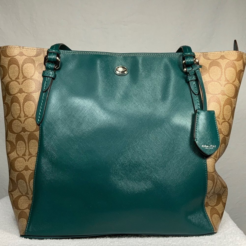 Coach F30301 Peyton Coated Canvas Saffiano Tote Green and Khaki